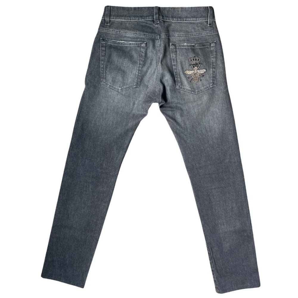 Dolce & Gabbana Gray Distressed Jeans with Embroidered Bee on Pocket, Size IT 44
